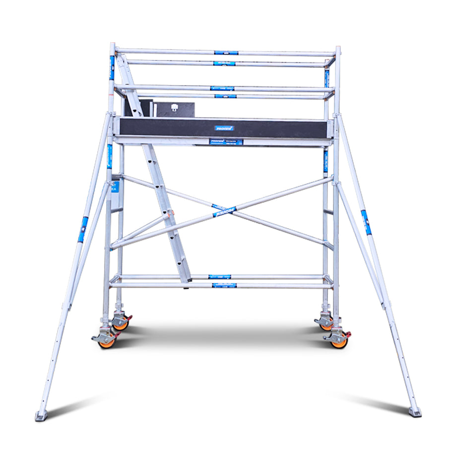 2.2m - 2.6m Narrow Aluminium Mobile Scaffold Tower (Standing Height) + Ladder + Outriggers + Kickboards - DIY Ready