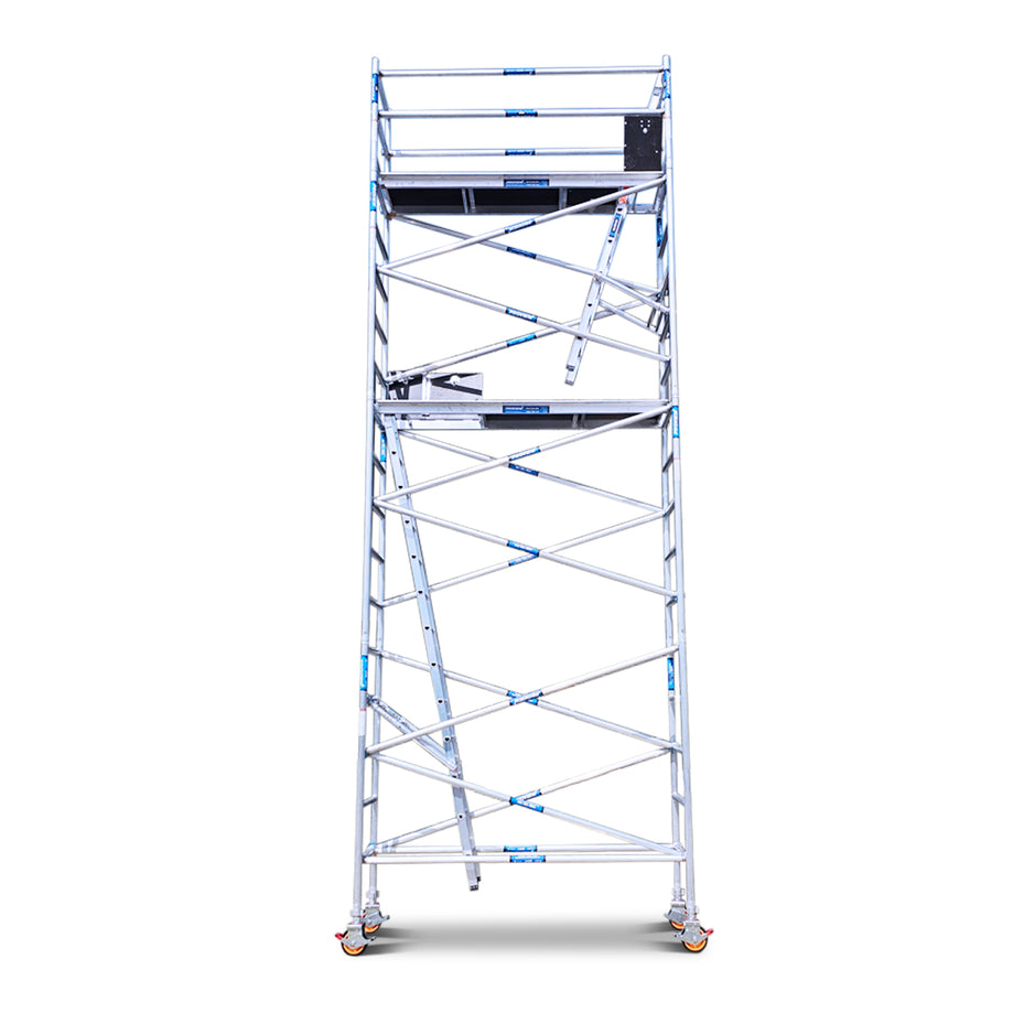6.2m - 6.6m Narrow Aluminium Mobile Scaffold Tower (Standing Height) Double Deck + Ladders