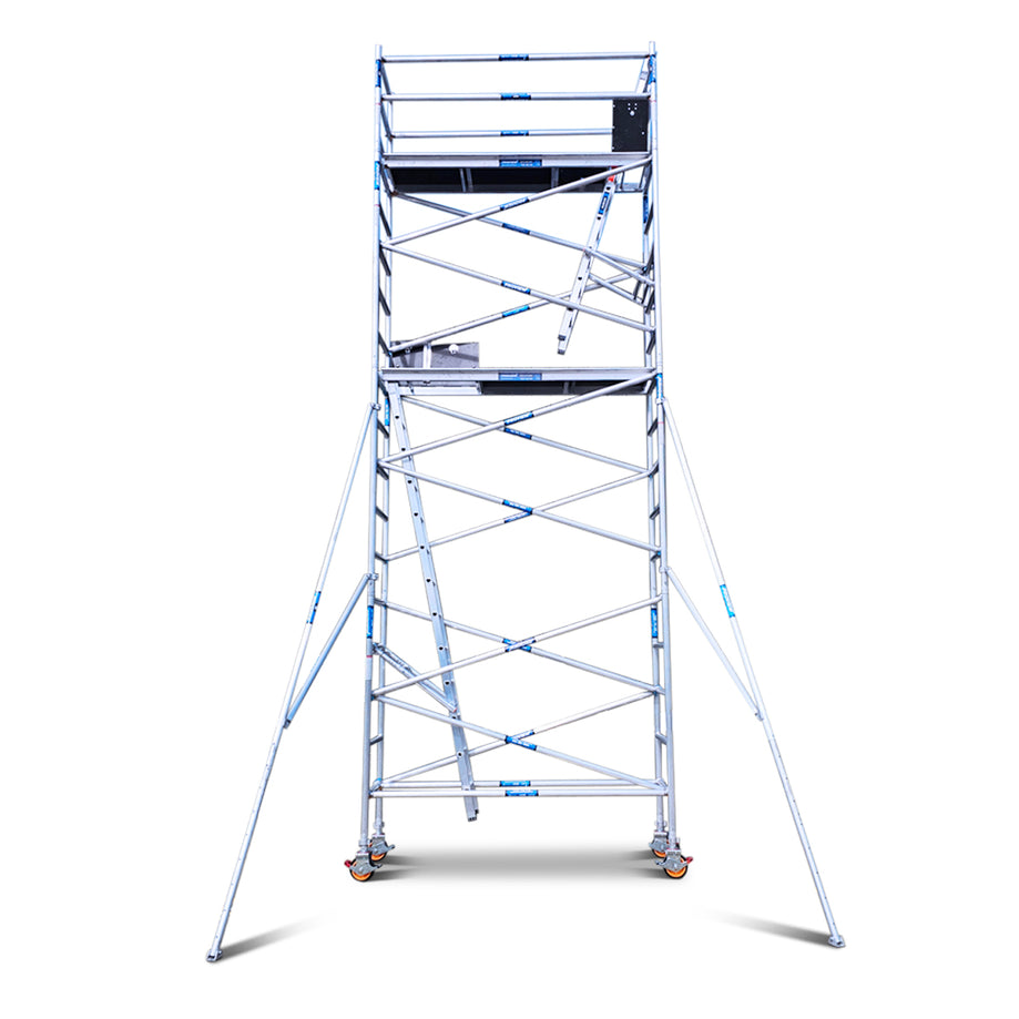 6.2m - 6.6m Narrow Aluminium Mobile Scaffold Tower (Standing Height) Double Deck + Ladders + Outriggers