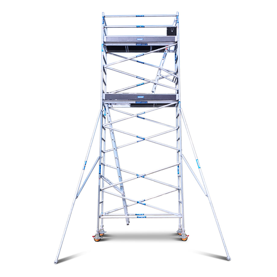6.2m - 6.6m Narrow Aluminium Mobile Scaffold Tower (Standing Height) Double Deck + Ladders + Outriggers + Kickboards