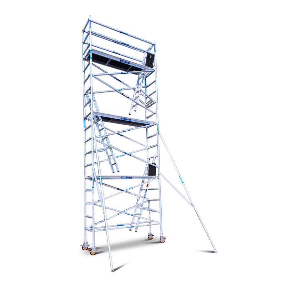 6.2m - 6.6m Narrow Aluminium Mobile Scaffold Tower (Standing Height) Triple Deck + Ladders + Outriggers