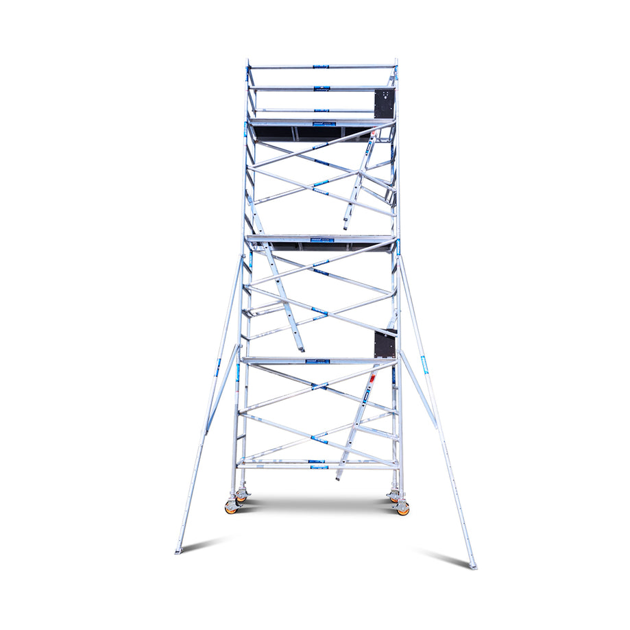 6.2m - 6.6m Narrow Aluminium Mobile Scaffold Tower (Standing Height) Triple Deck + Ladders + Outriggers