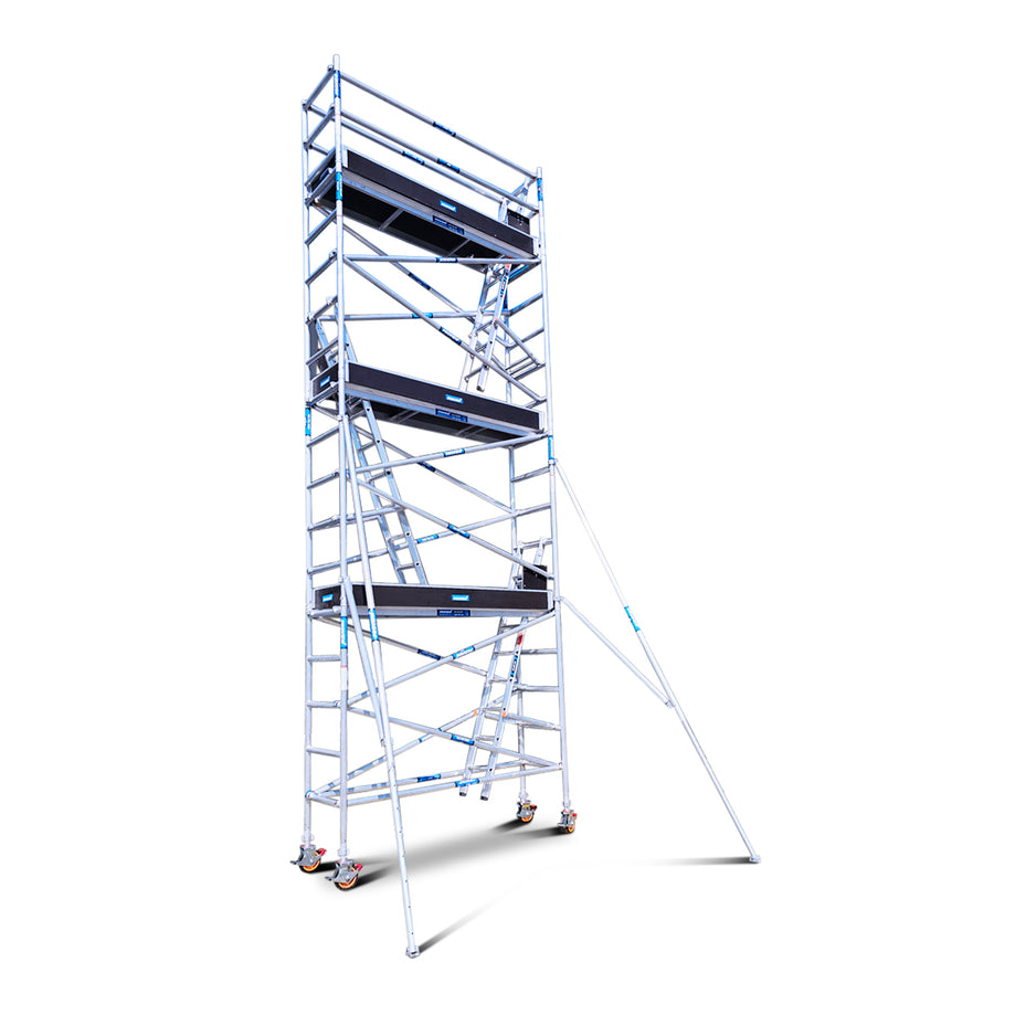 6.2m - 6.6m Narrow Aluminium Mobile Scaffold Tower (Standing Height) Triple Deck + Ladders + Outriggers + Kickboards