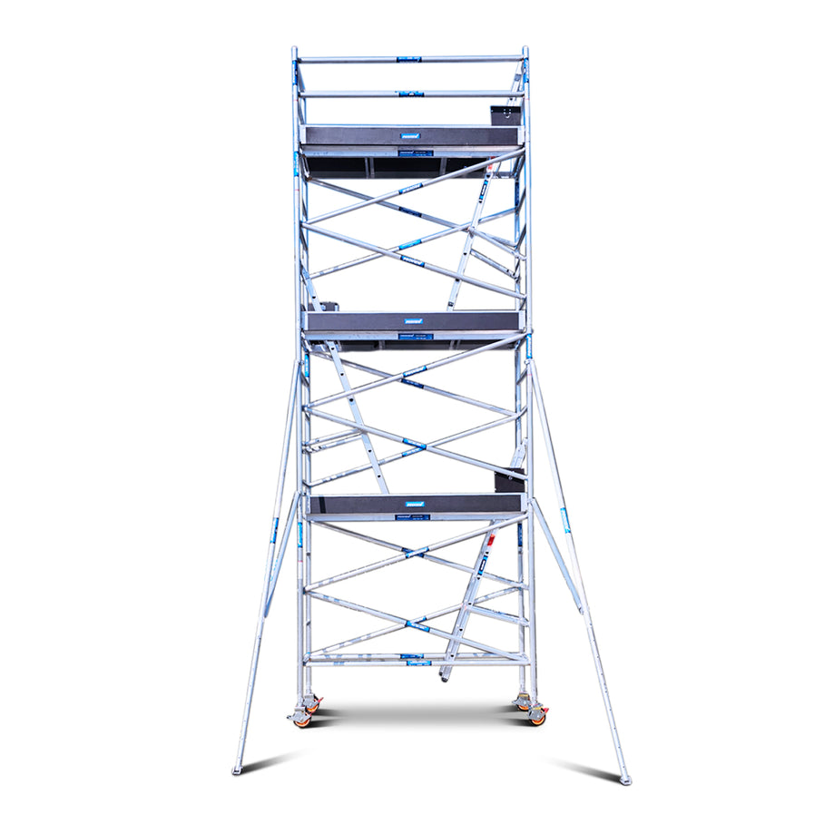 6.2m - 6.6m Narrow Aluminium Mobile Scaffold Tower (Standing Height) Triple Deck + Ladders + Outriggers + Kickboards