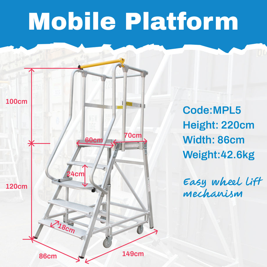 5-Step Aluminium Mobile Platform Ladder - Versatile & Safe for Elevated Work