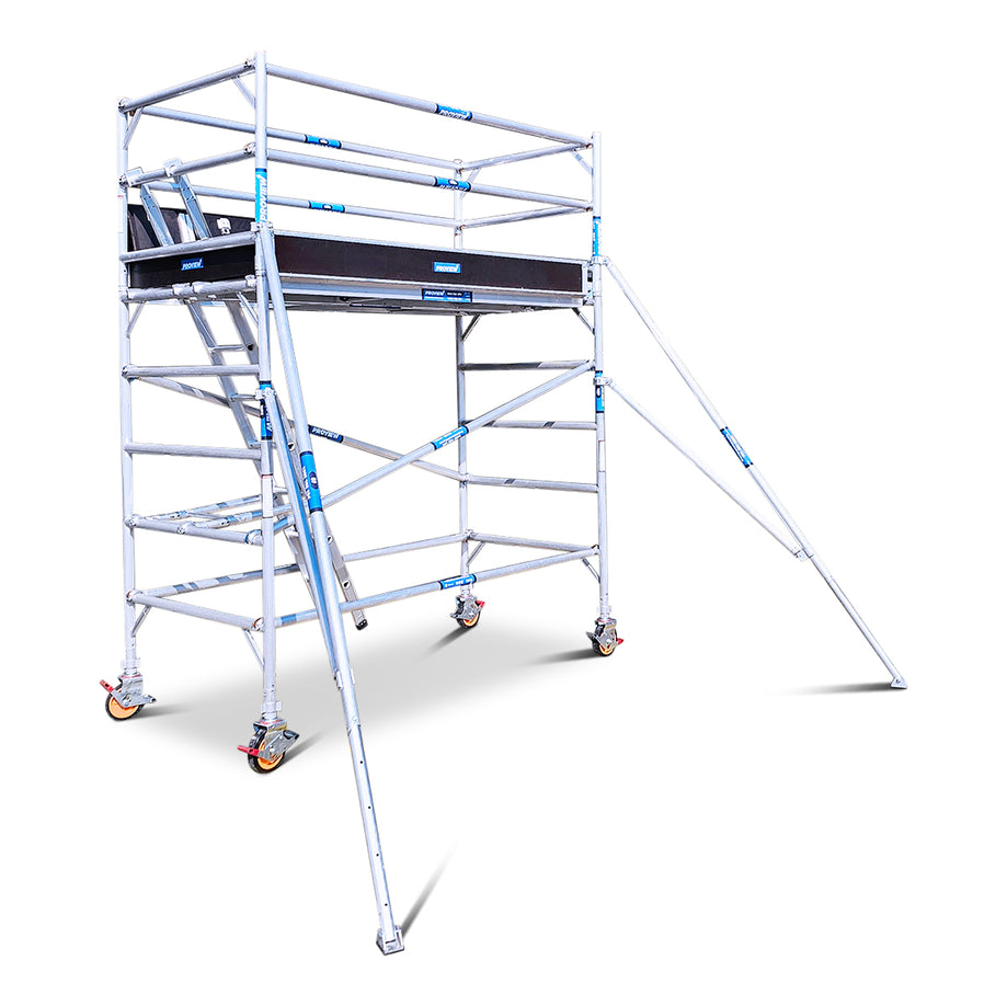 2.2m - 2.6m Wide Aluminium Mobile Scaffold Tower (Standing Height) + Ladder + Outriggers + Kickboards - DIY Ready