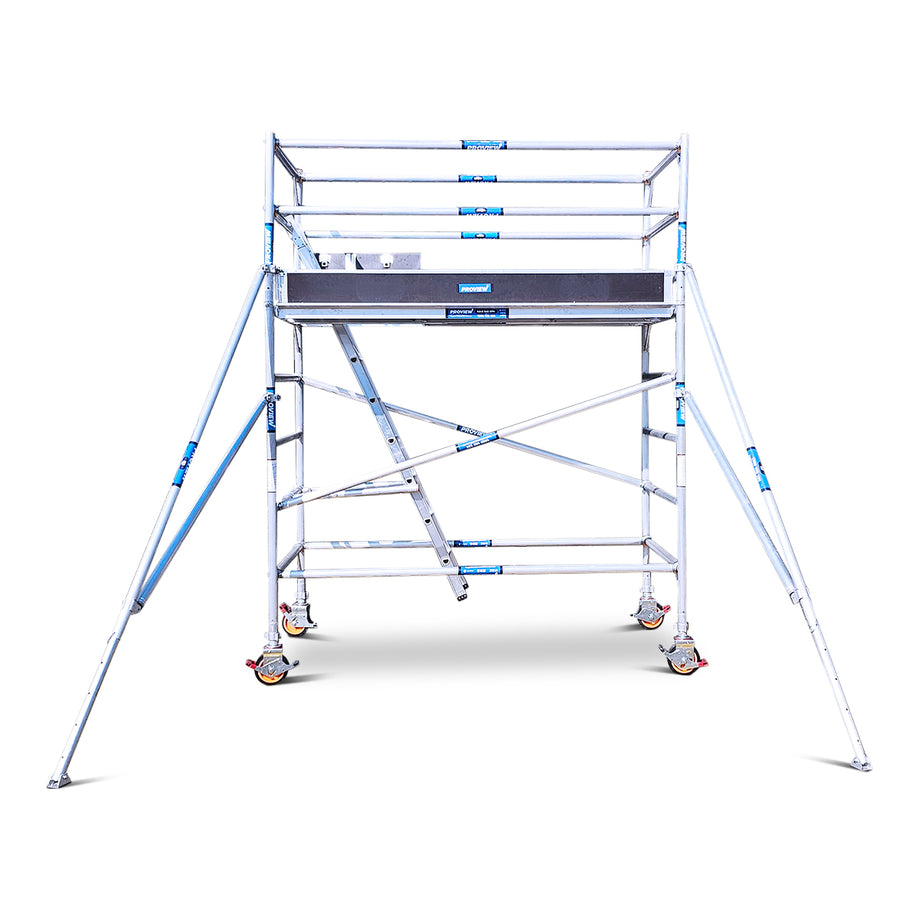 2.2m - 2.6m Wide Aluminium Mobile Scaffold Tower (Standing Height) + Ladder + Outriggers + Kickboards - DIY Ready