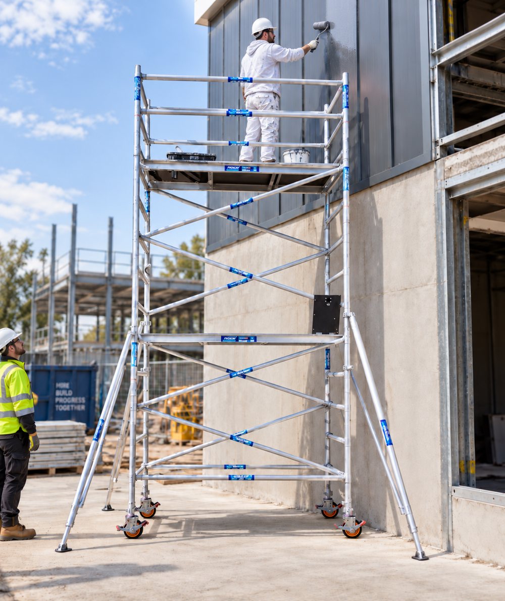 Proview aluminium mobile scaffold tower on a job site with a painter working from the platform
